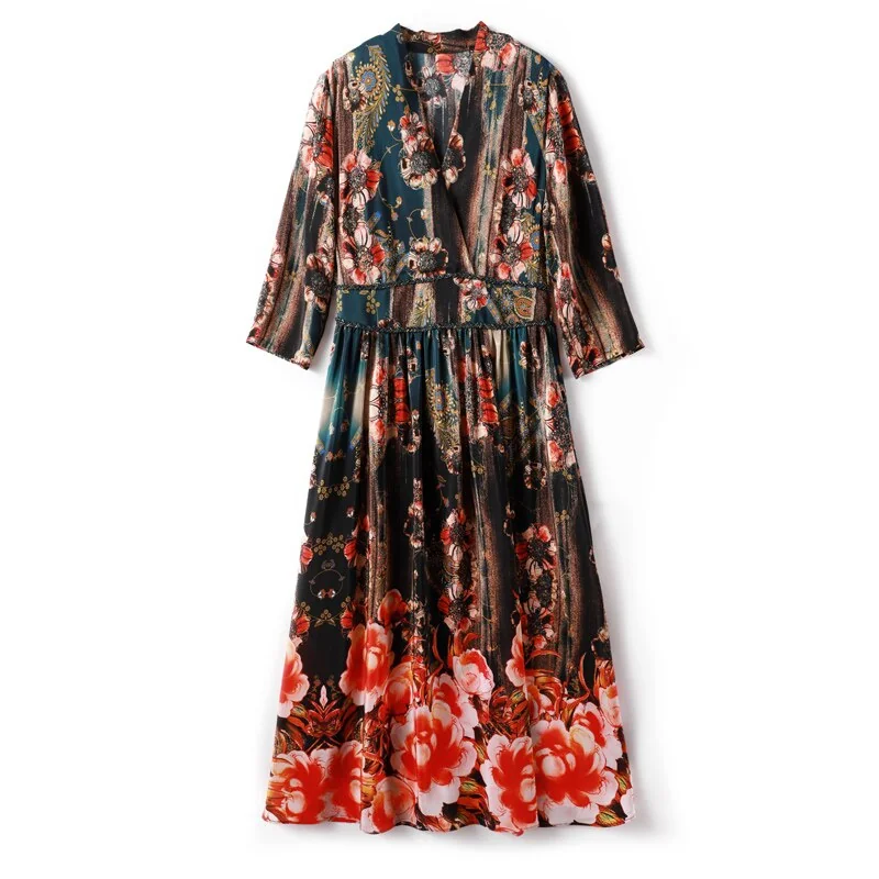 100% Natural Silk Women's Runway Dresses V Neck 3/4 Sleeves Printed Elastic Waist Elegant Summer Dresses - Image 7