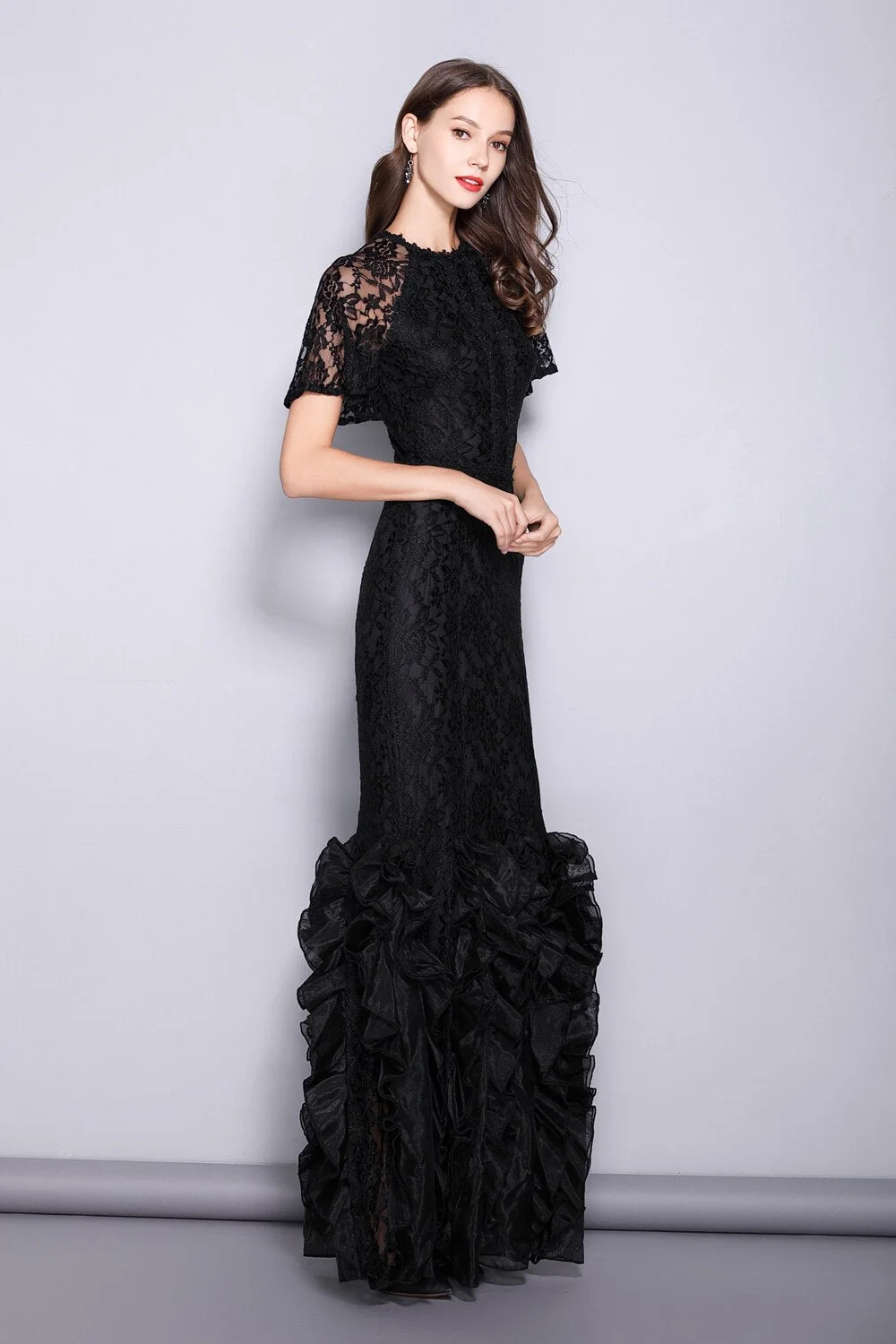 Women's Runway Designer Dresses O Neck Short Sleeves Embroidery Lace Prom Ruffles Mermaid Black Long Party Dresses - Image 4