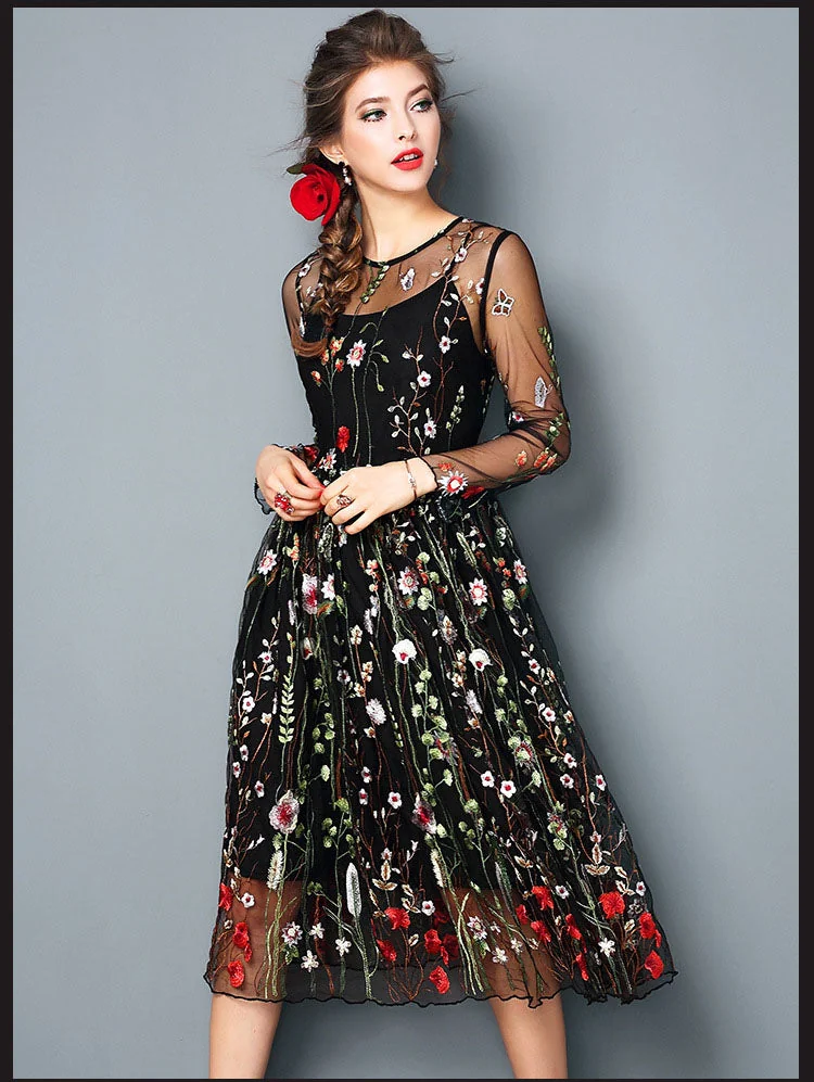 Spring Summer Women's O Neck Long Sleeves Embroidery High Street Runway Maxi Fashion Long Dresses - Image 9