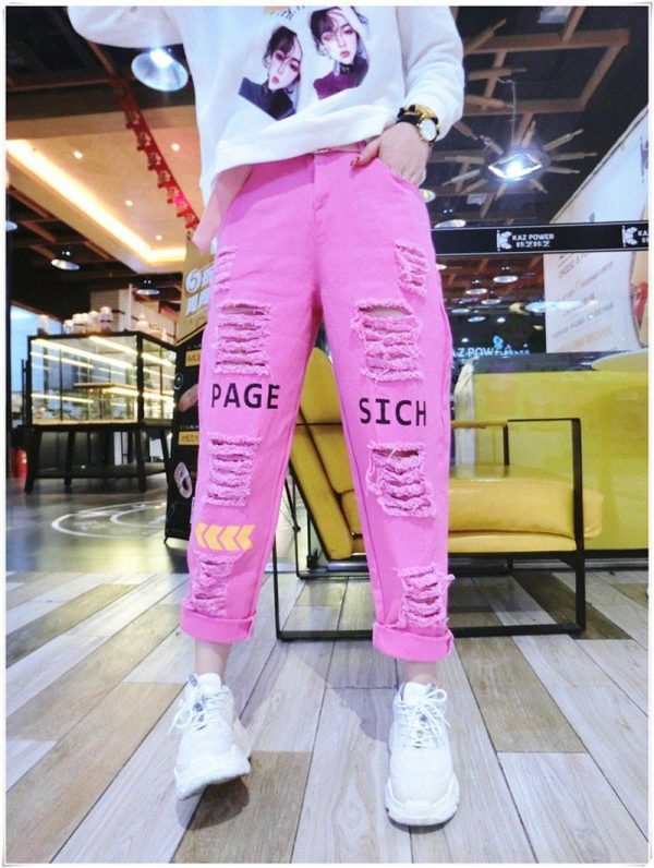 Letter Spliced Women Jeans Holes Pants Loose Candy Color Denim women's pants Autumn Harajuku BF Female Joggers - Takalr