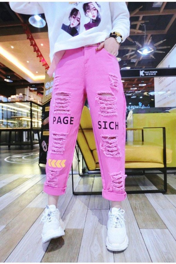 Letter Spliced Women Jeans Holes Pants Loose Candy Color Denim women's pants Autumn Harajuku BF Female Joggers - Takalr