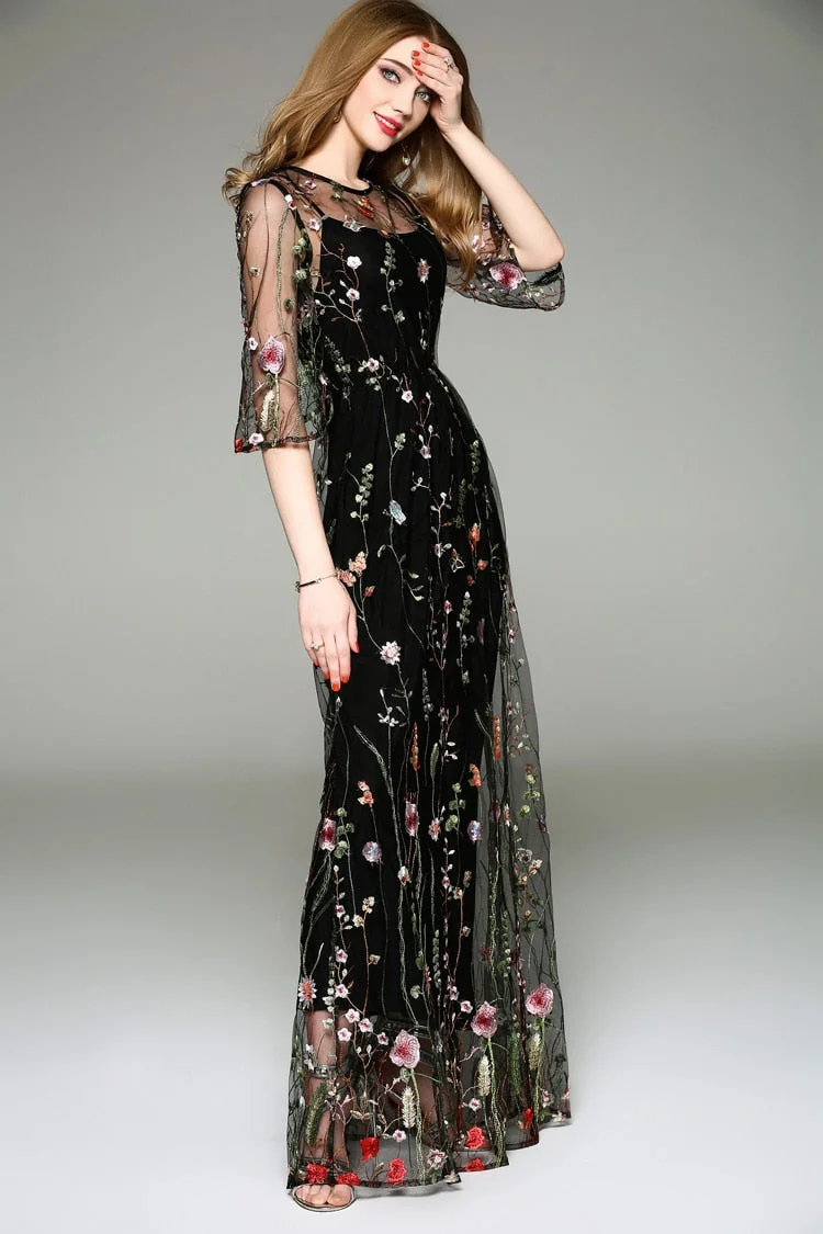 Spring Summer Women's O Neck Long Sleeves Embroidery High Street Runway Maxi Fashion Long Dresses - Image 5