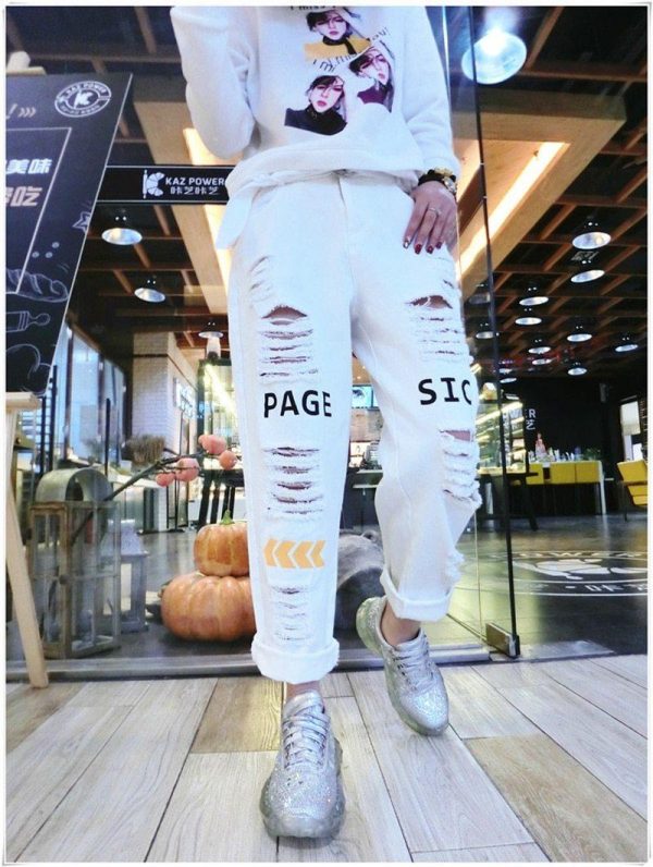 Letter Spliced Women Jeans Holes Pants Loose Candy Color Denim women's pants Autumn Harajuku BF Female Joggers - Takalr