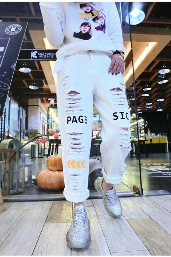 Letter Spliced Women Jeans Holes Pants Loose Candy Color Denim women's pants Autumn Harajuku BF Female Joggers - Takalr