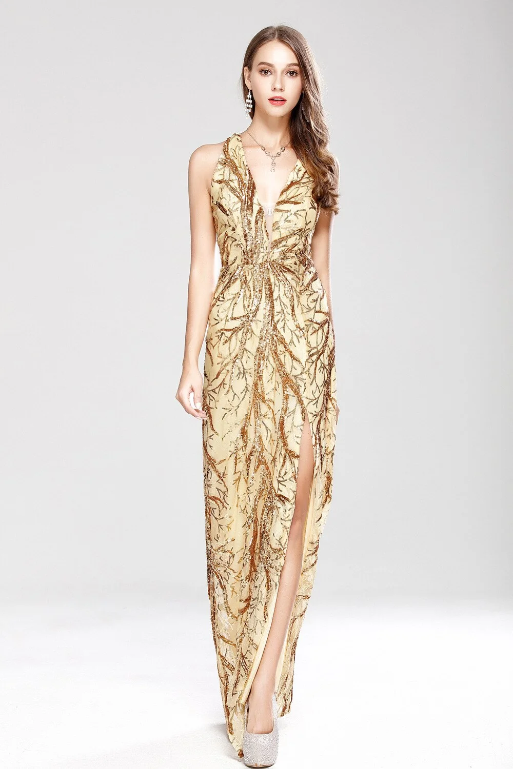 Women's Sexy Low V Neck Sleeveless Cross Open Back Embroidery Sequined Prom Party Dresses Long Runway Dresses - Image 12