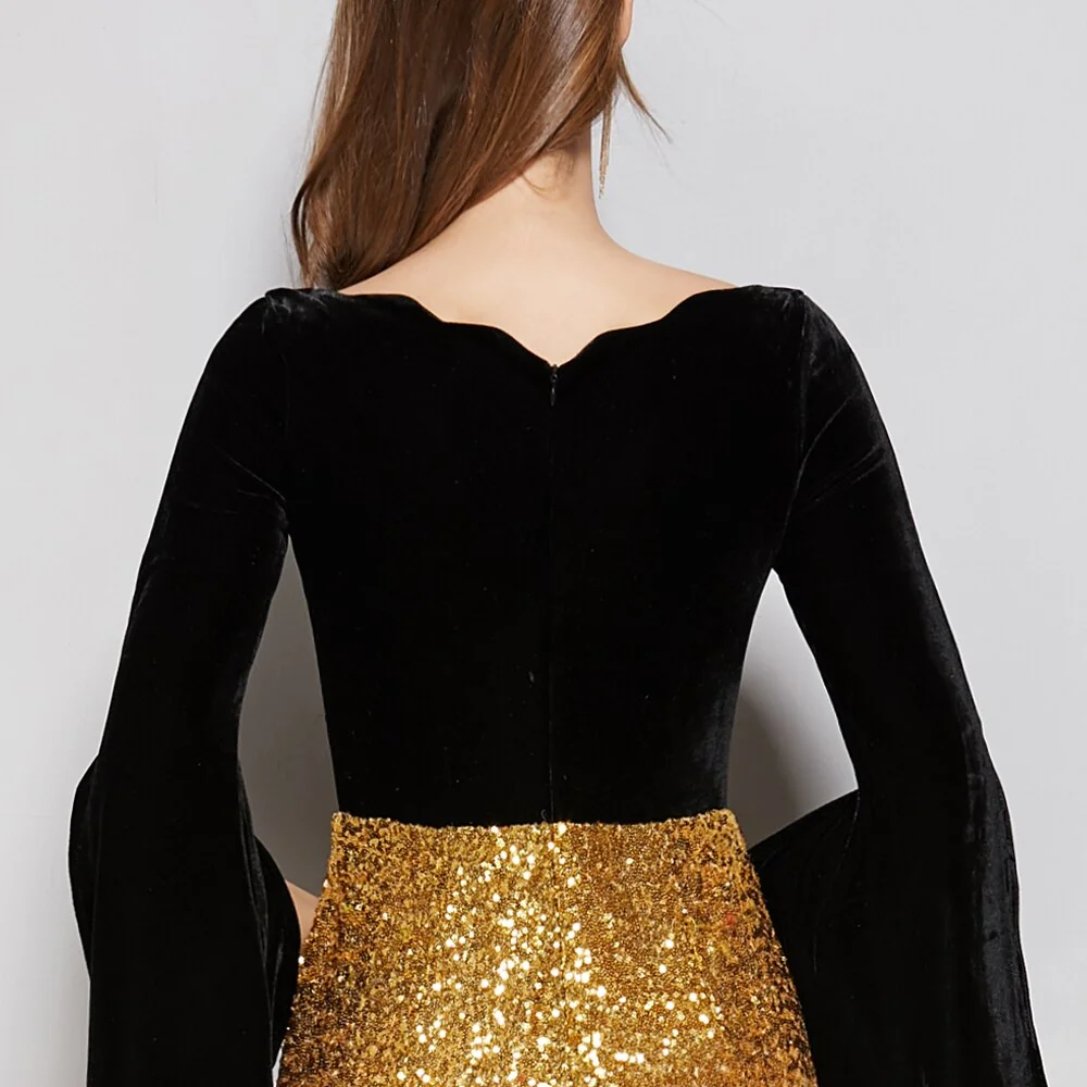 Women's Party Prom Slash Neckline Long Sleeves Velvet Bodice Patchwork Sequined Elegant Floor Length Dresses - Image 7