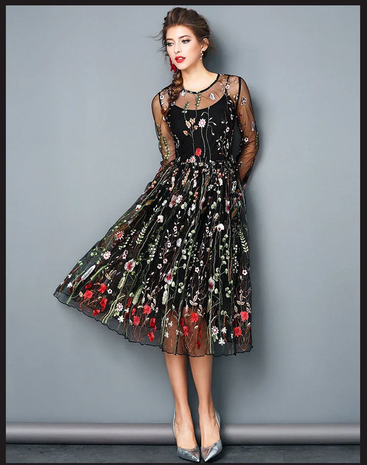 Spring Summer Women's O Neck Long Sleeves Embroidery High Street Runway Maxi Fashion Long Dresses - Image 8