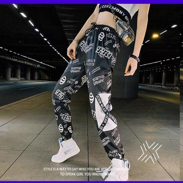 Spring Unisex Black BF Harajuku Reflective Pants Plus Size 3XL Hip Hop Street Dance Cargo Pants Women Ribbon Casual Harem Pants - Takalr