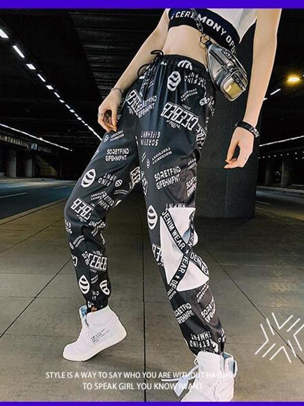 Spring Unisex Black BF Harajuku Reflective Pants Plus Size 3XL Hip Hop Street Dance Cargo Pants Women Ribbon Casual Harem Pants - Takalr