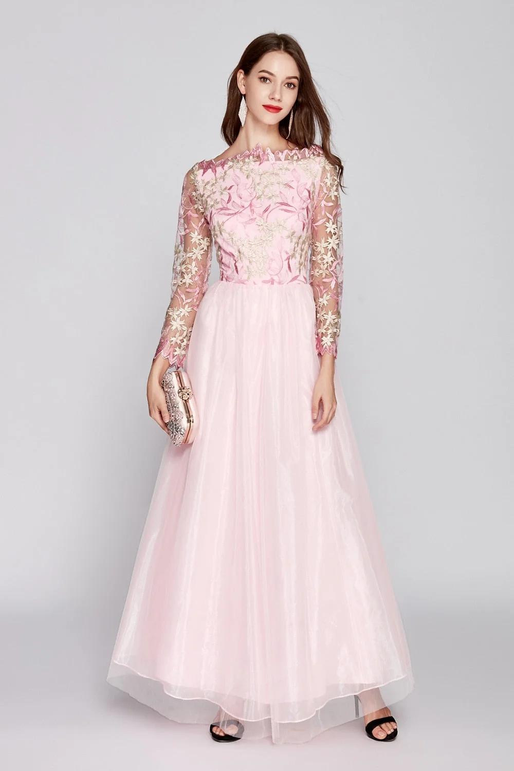 Women's O Neck Long Sleeves Embroidery Bodice Patchwork Fashion Party Prom Maxi Runway Dresses