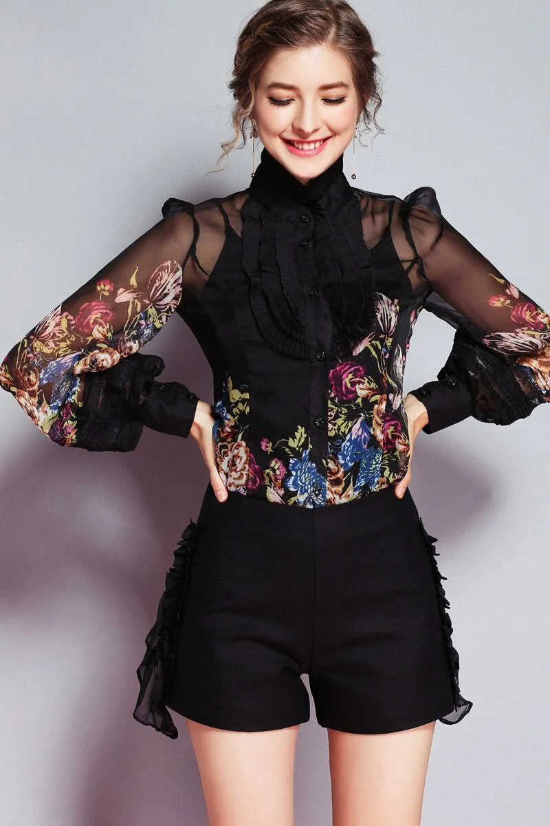 Milan Arrival Spring Women's Ruffles Floral Printed Long Sleeves Elegant Fashion Designer Silk Shirts&Blouses - Image 4