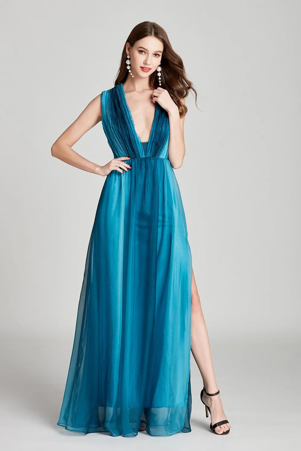 Sexy Low V Back Sleeveless Faded Color Ruched Fashion Floor Length Prom Dresses Party Foral Dressses - Image 3