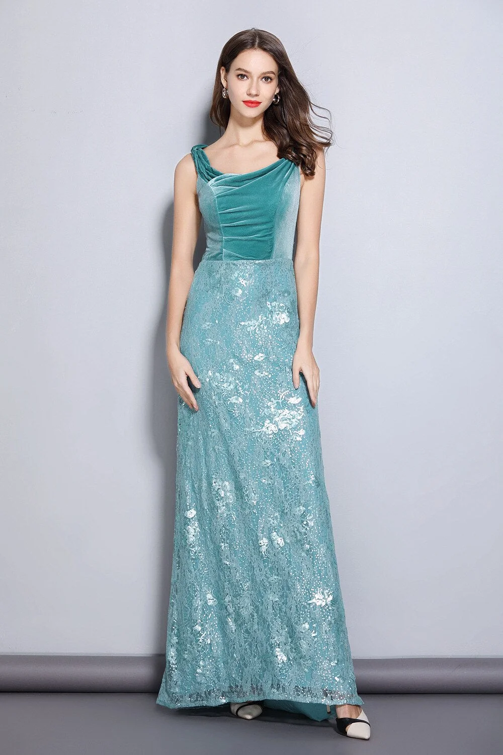Women's Party Prom Slash Neckline Embroidery Lace Velvet Patchwork Elegant Maxi Long Designer Dresses - Image 5
