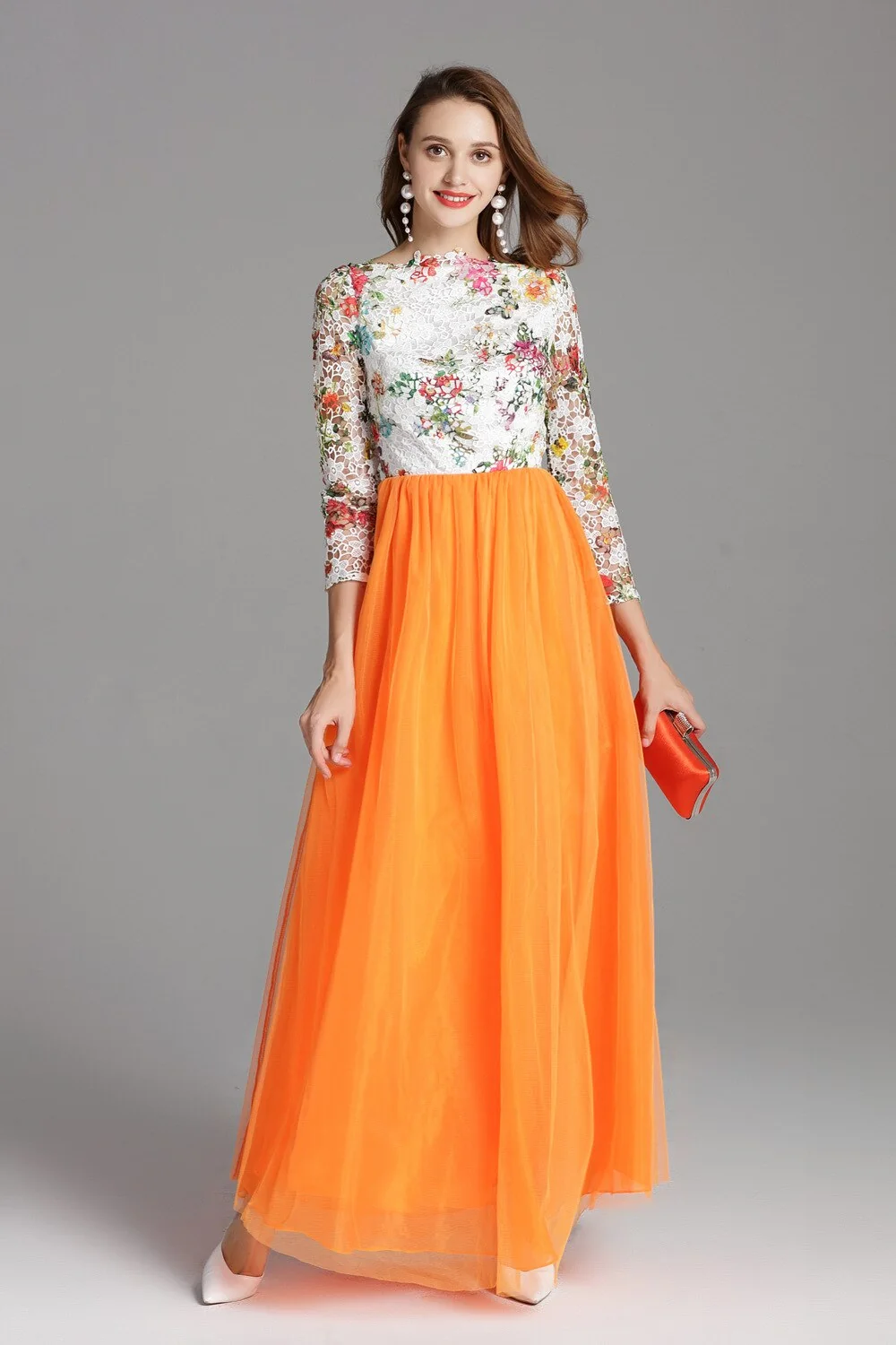 Women's Elegant Runway Dresses Autumn Slash Neckline Embroidery Lace Party Prom Long Sleeves Sequined Fashion Dresses