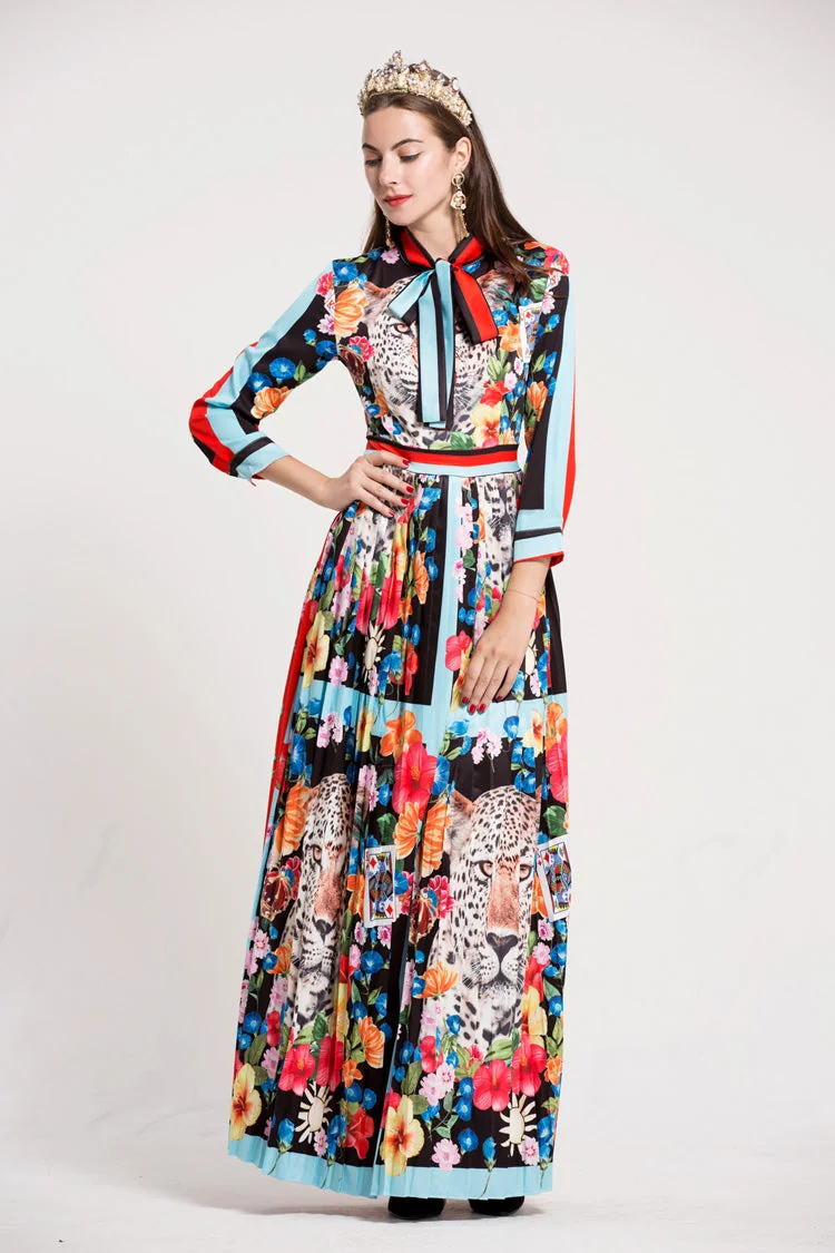 Women's O Neck Long Sleeves Bow Detailing Fixed Pattern Floral Printed Striped Pleated Elegant Maxi Runway Dresses - Image 6