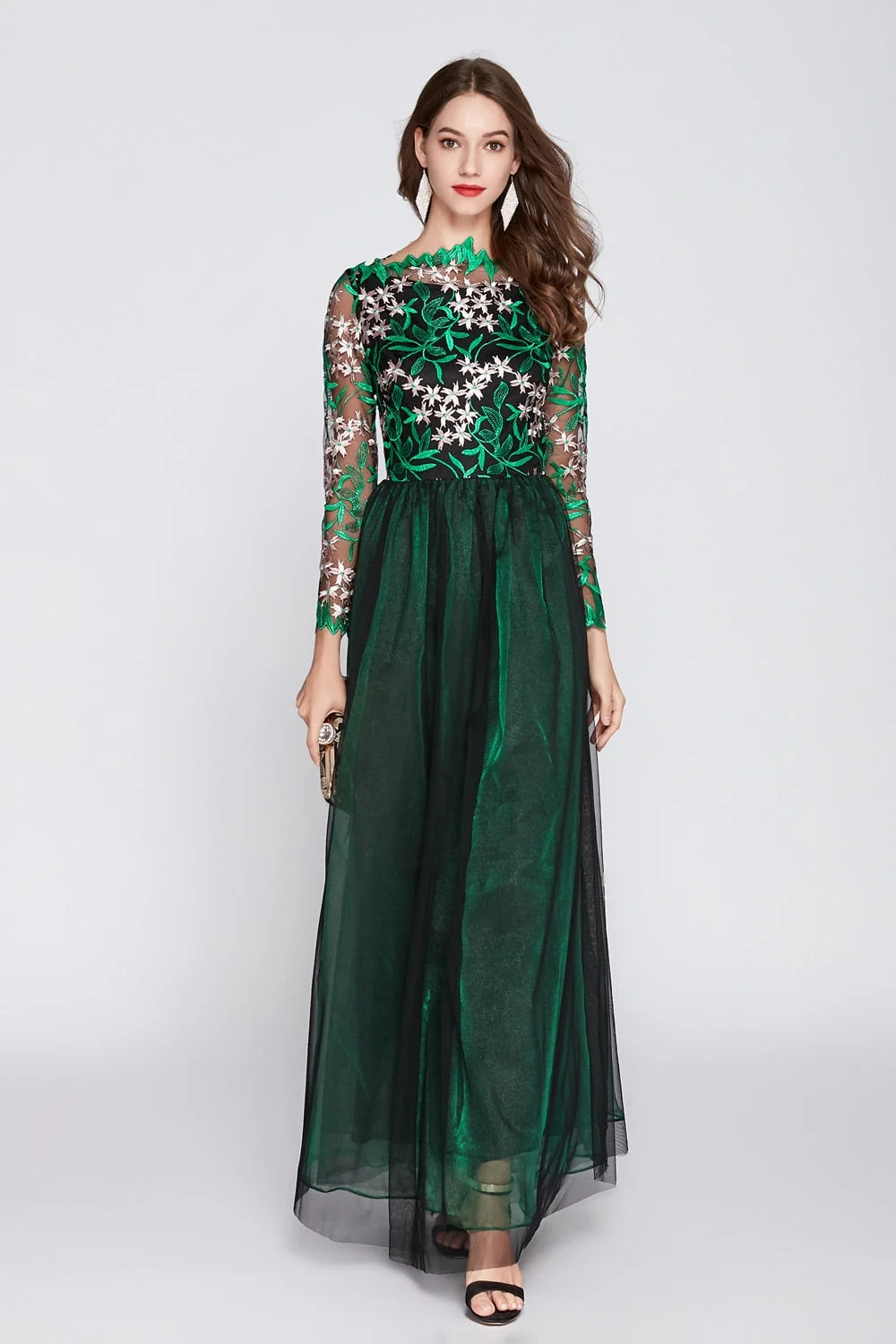 Women's O Neck Long Sleeves Embroidery Bodice Patchwork Fashion Party Prom Maxi Runway Dresses - Image 7