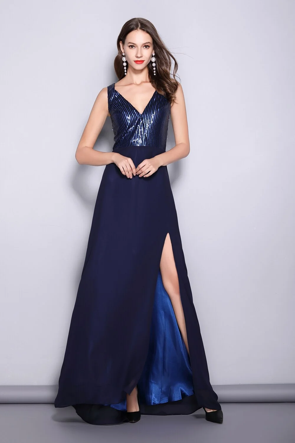 Women's Runway Dresses Sexy V Neck Sleeveless Sequined Bodice Split Party Prom Fashion Long Dresses - Image 3