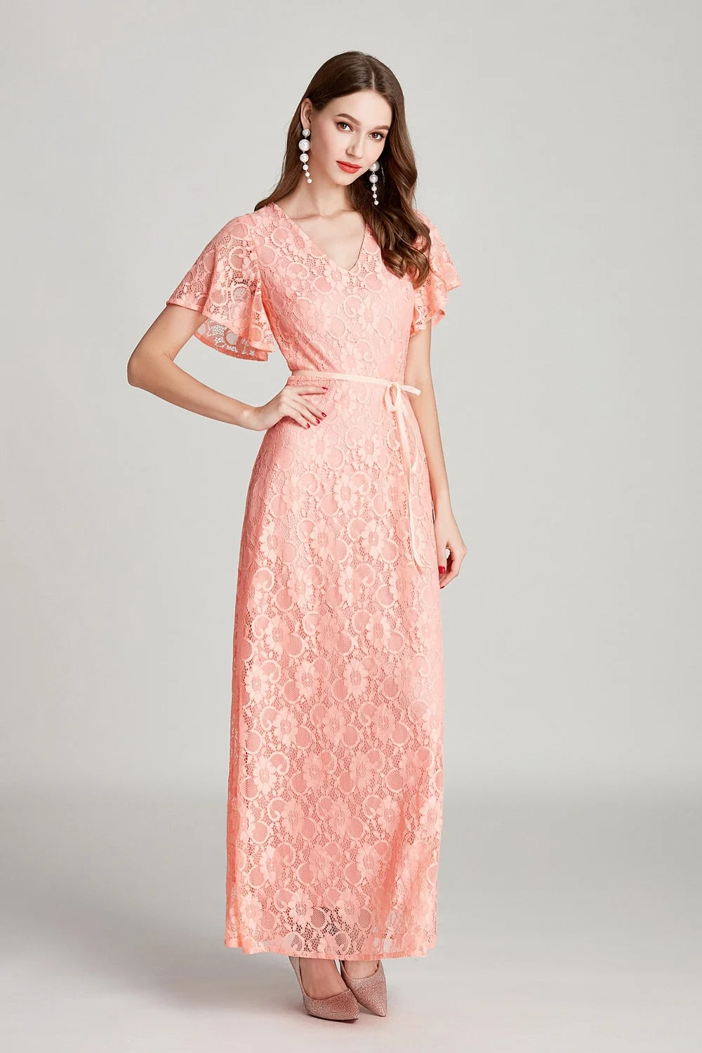Sexy V Neck Short Sleeves Embroidery Lace Fashion High Street Long Dresses - Image 3