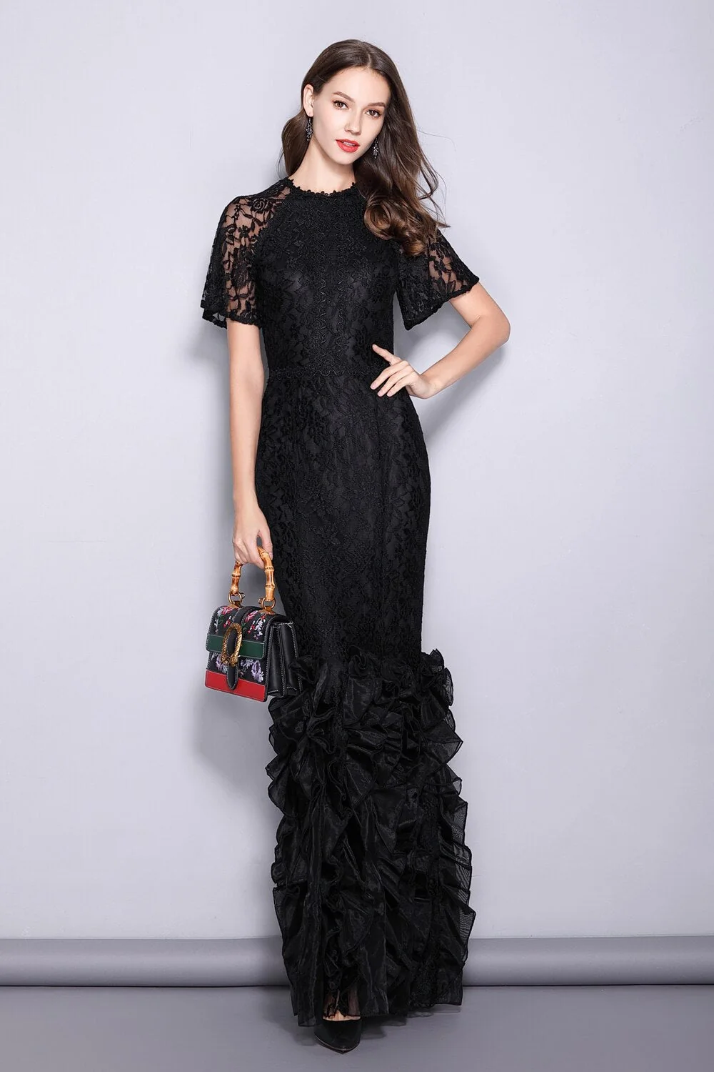 Women's Runway Designer Dresses O Neck Short Sleeves Embroidery Lace Prom Ruffles Mermaid Black Long Party Dresses - Image 6