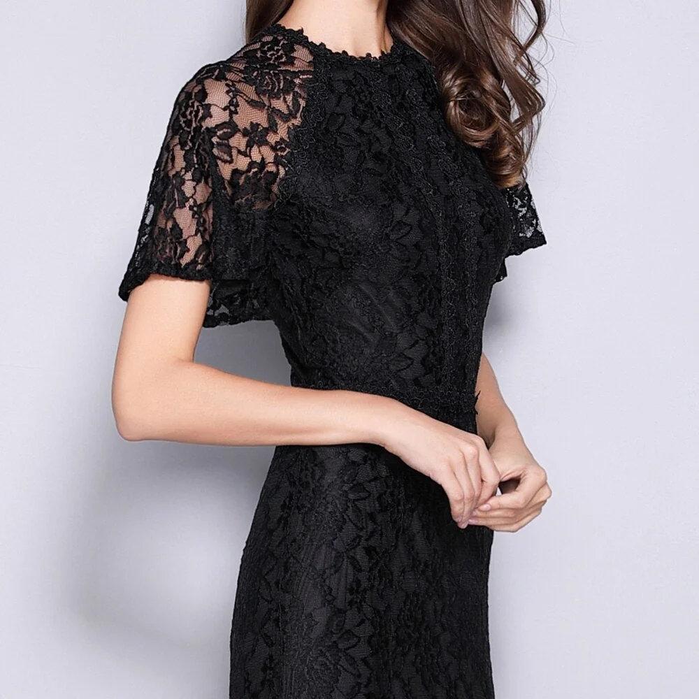 Women's Runway Designer Dresses O Neck Short Sleeves Embroidery Lace Prom Ruffles Mermaid Black Long Party Dresses - Image 9