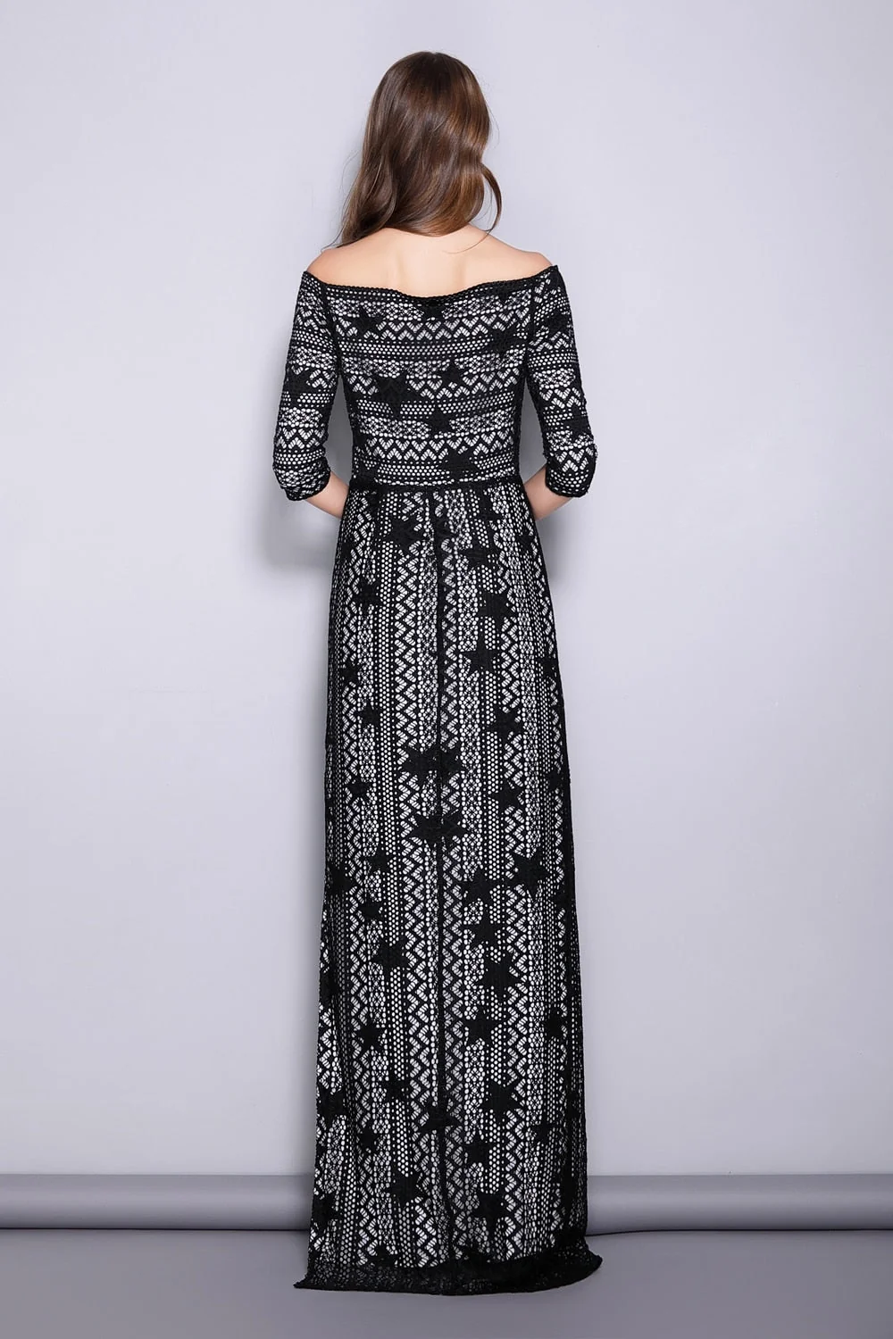 Women's Slash Neckline 3/4 Sleeves Off the Shoulder Embroidery Lace Split Elegant Party Dresses Fashion Long Runway Dresses - Image 5