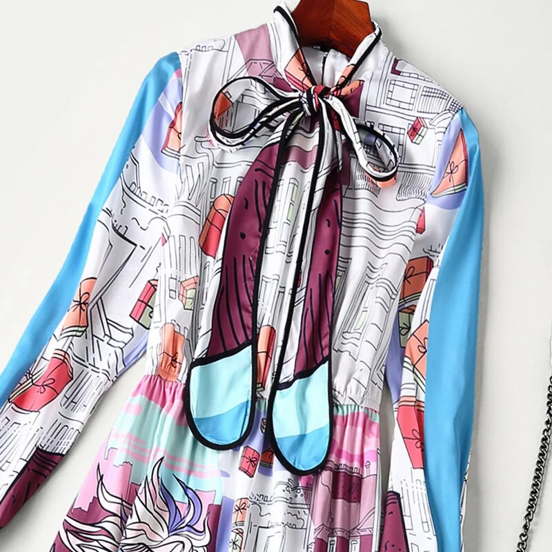 Women's Runway Designer Dresses Bow Collar Long Sleeves Animals Printed Elegant Mid Calf Casual Dresses - Image 11