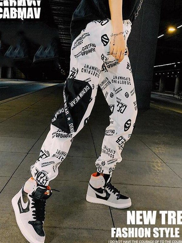 Spring Unisex Black BF Harajuku Reflective Pants Plus Size 3XL Hip Hop Street Dance Cargo Pants Women Ribbon Casual Harem Pants - Takalr