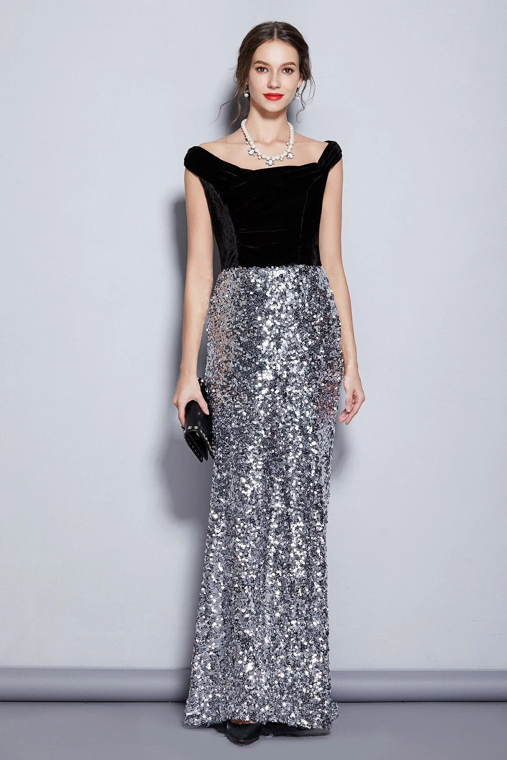 Women's Runway Designer Dresses Slash Neckline Cap Sleeves Velvet Bodice Patchwork Sequined Elegant Long Party Dresses