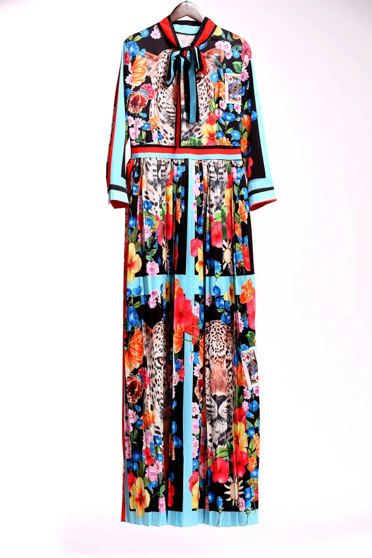 Women's O Neck Long Sleeves Bow Detailing Fixed Pattern Floral Printed Striped Pleated Elegant Maxi Runway Dresses - Image 9