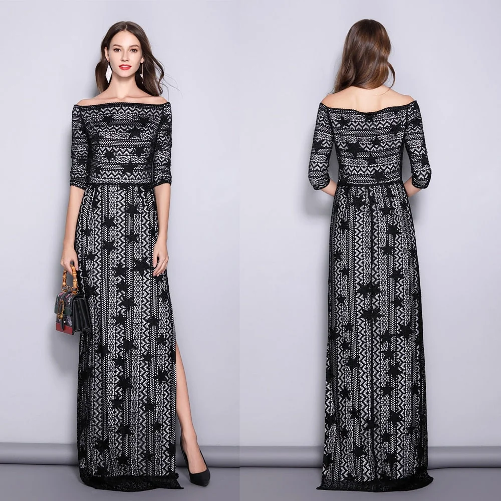 Women's Slash Neckline 3/4 Sleeves Off the Shoulder Embroidery Lace Split Elegant Party Dresses Fashion Long Runway Dresses - Image 7