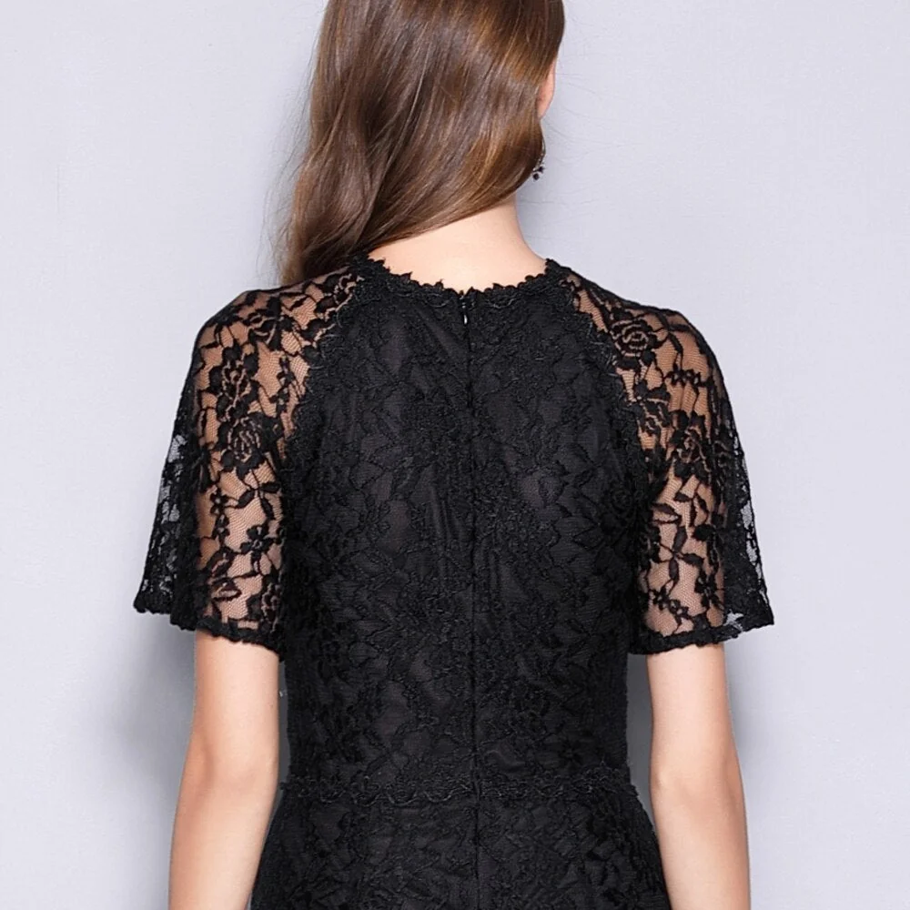 Women's Runway Designer Dresses O Neck Short Sleeves Embroidery Lace Prom Ruffles Mermaid Black Long Party Dresses - Image 8