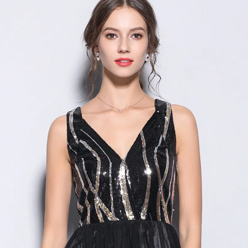 Women's Sexy Low V Neck Sleeveless Sequined Bodice Split Patchwork Party Prom Long Runway Dresses - Image 7