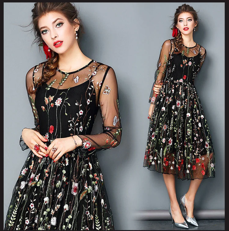 Spring Summer Women's O Neck Long Sleeves Embroidery High Street Runway Maxi Fashion Long Dresses - Image 10
