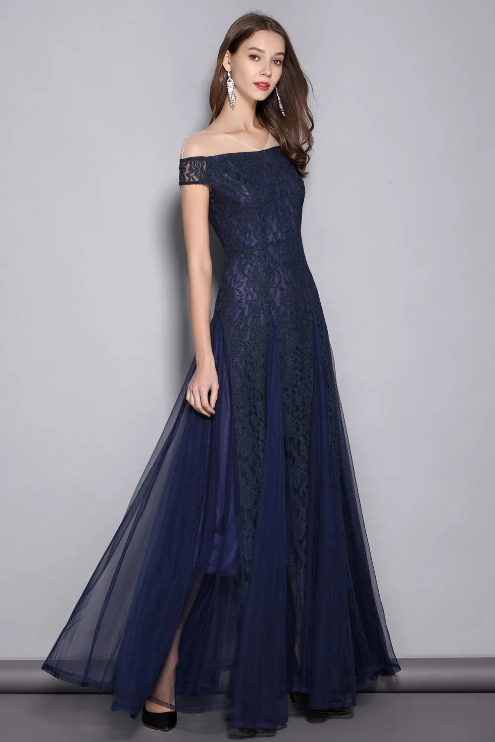 Women's V Neck Short Sleeves Embroidery Lace Elegant Party Prom Sexy Mesh Laid Over Elegant Long Runway Dresses - Image 5
