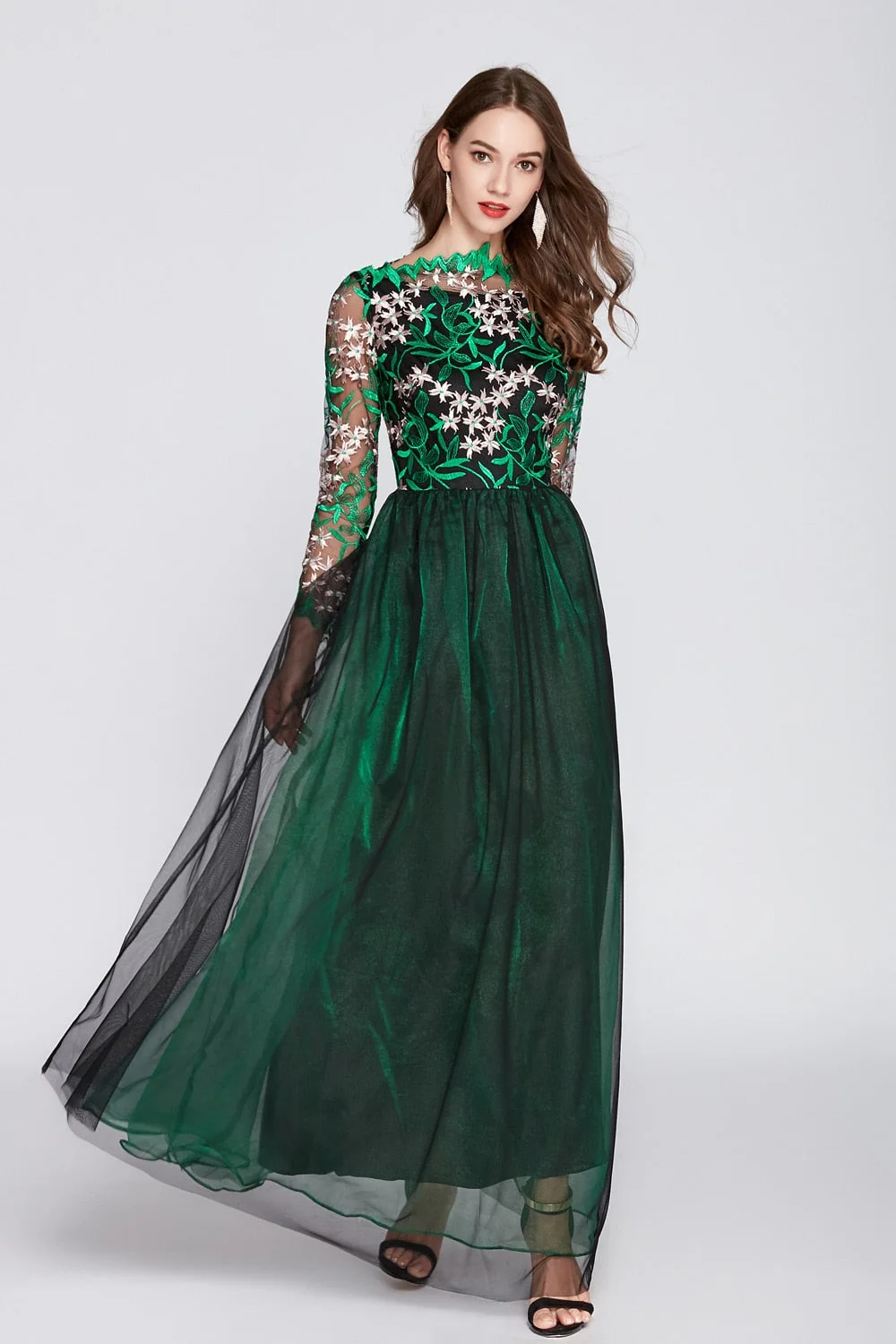 Women's O Neck Long Sleeves Embroidery Bodice Patchwork Fashion Party Prom Maxi Runway Dresses - Image 9