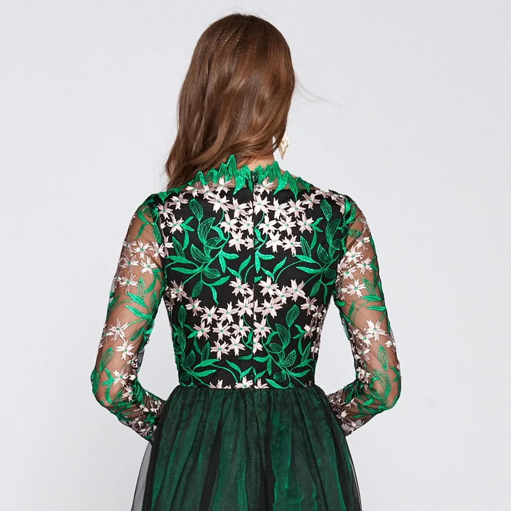 Women's O Neck Long Sleeves Embroidery Bodice Patchwork Fashion Party Prom Maxi Runway Dresses - Image 15