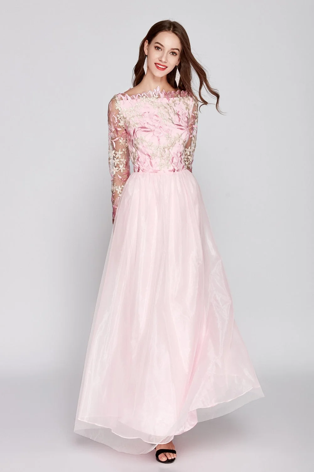 Women's O Neck Long Sleeves Embroidery Bodice Patchwork Fashion Party Prom Maxi Runway Dresses - Image 2