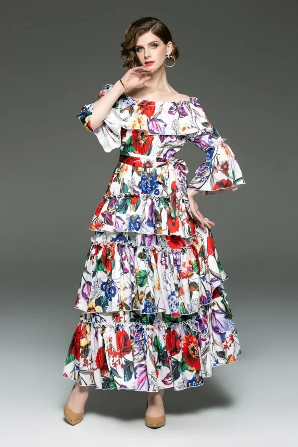 Women's Runway Designer Dresses Slash Neckline Tierred Ruffles Floral Printed Sash Belt Fashion Casual Holiday Dresses