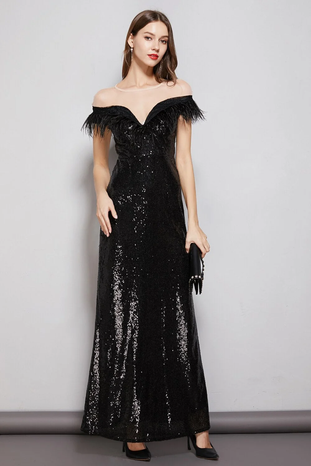 Women's Evening Party Prom O Neck Short Sleeves Feathers Tassels Sequined Patchwork Fashion Long Dresses - Image 6