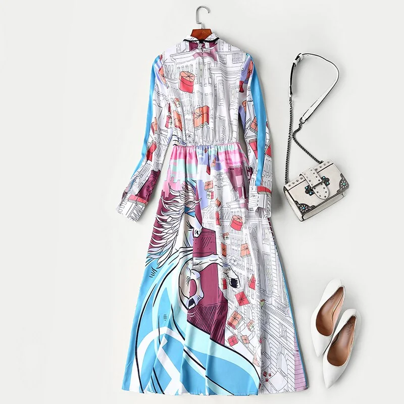 Women's Runway Designer Dresses Bow Collar Long Sleeves Animals Printed Elegant Mid Calf Casual Dresses - Image 10