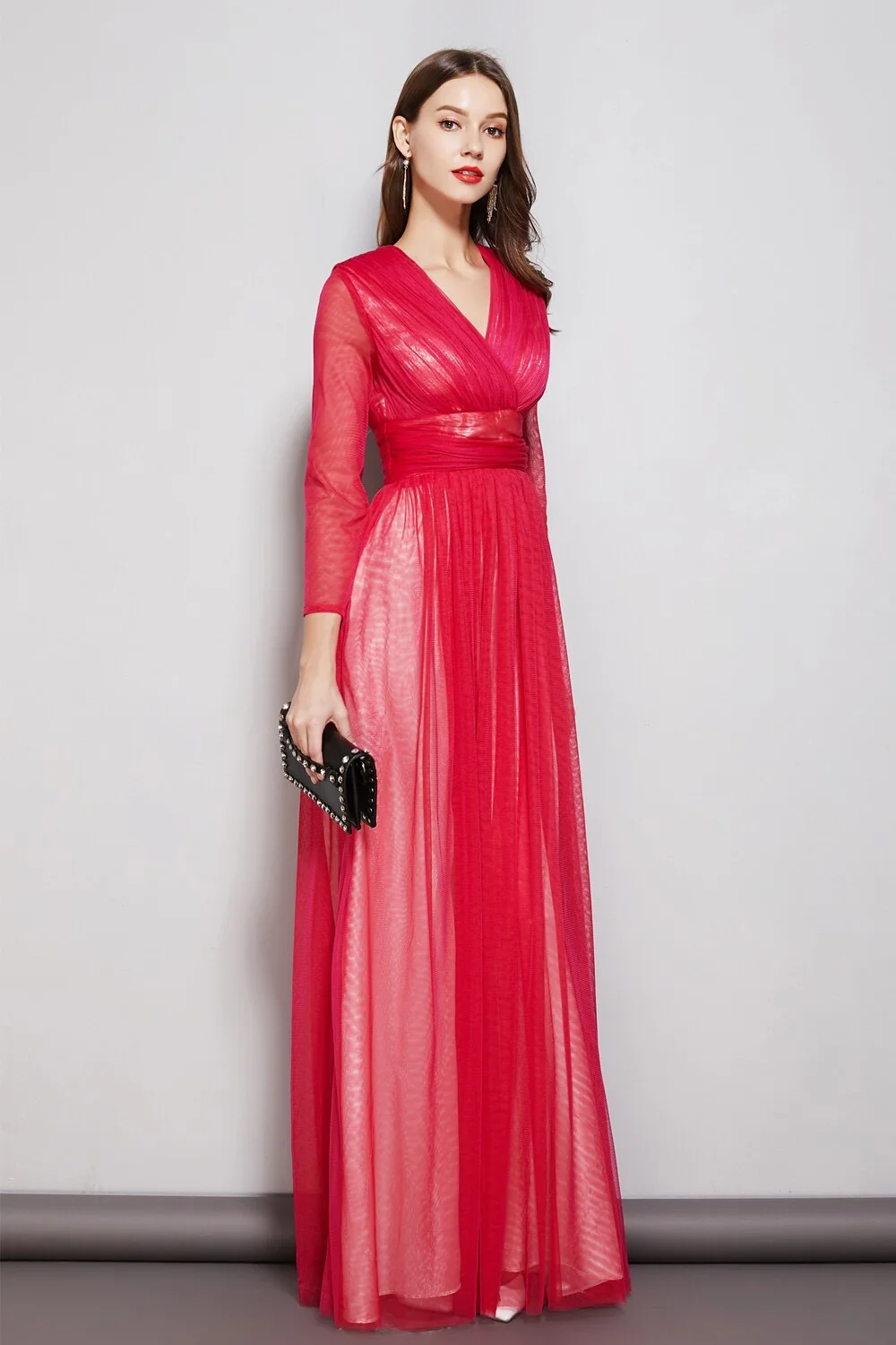 Women's Party Prom Sexy V Neck Long Sleeves Ruched Waist Layered Elegant Maxi Fashion Dresses - Image 2