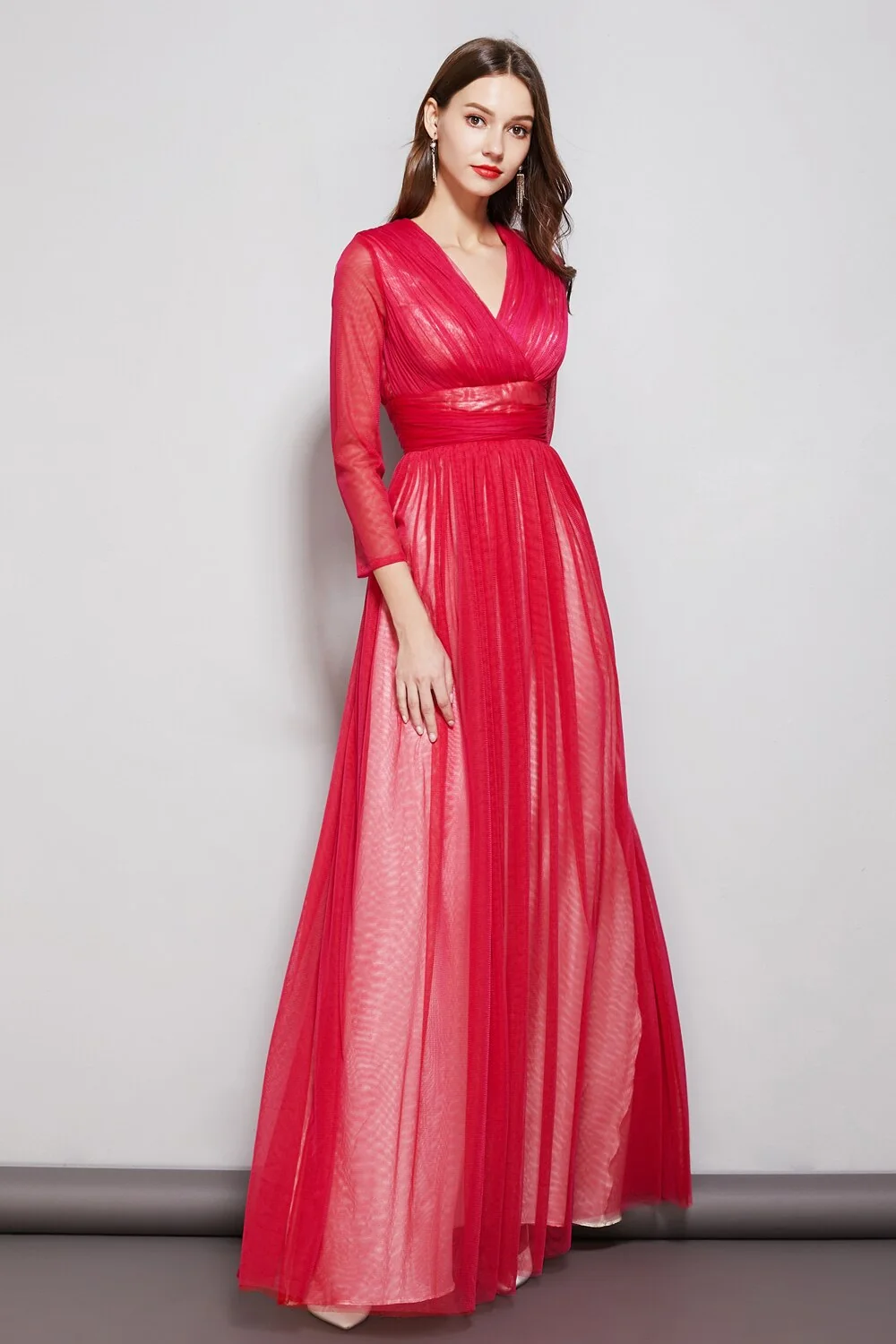 Women's Party Prom Sexy V Neck Long Sleeves Ruched Waist Layered Elegant Maxi Fashion Dresses - Image 5