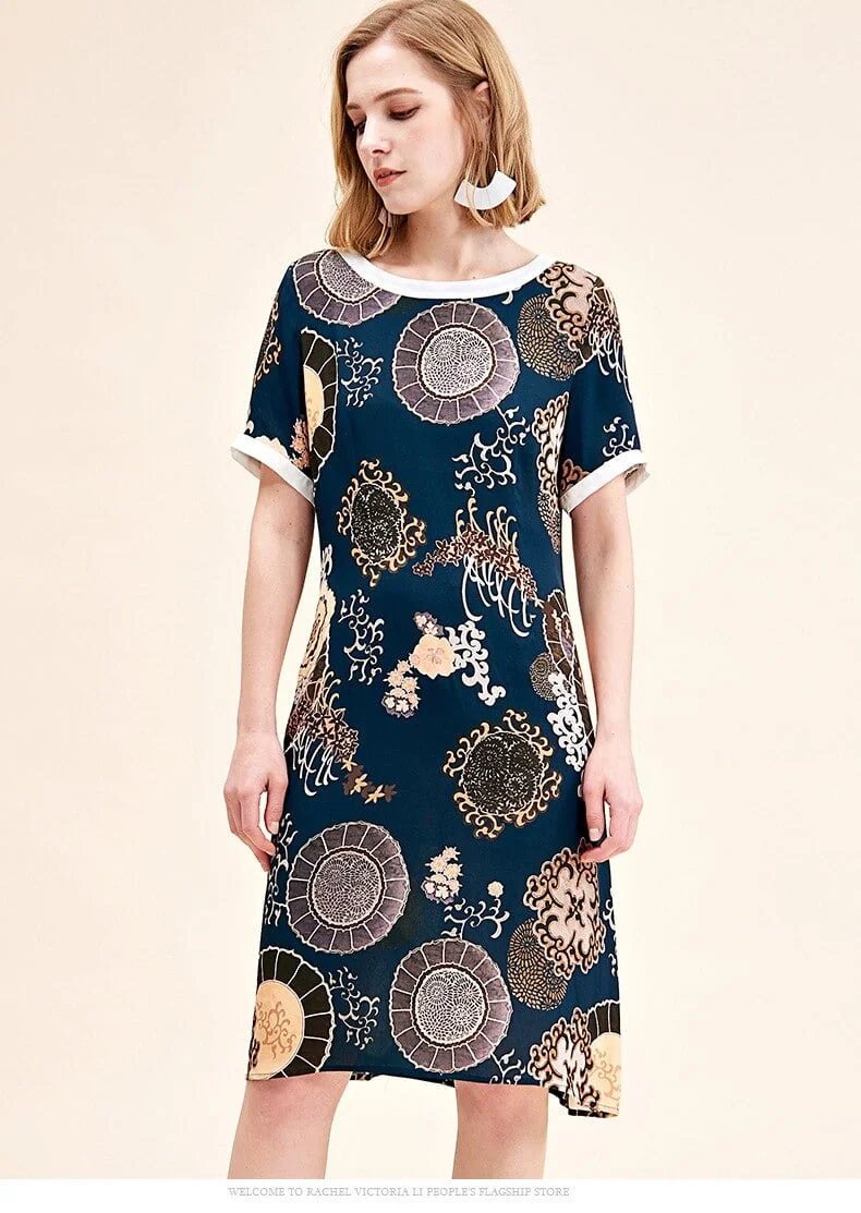 100% Natural Silk Women's Runway Dresses O Neck Short Sleeves Printed Elegant Casual Summer Dresses - Image 5