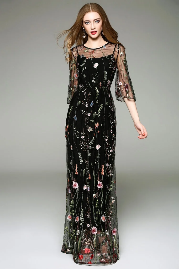 Spring Summer Women's O Neck Long Sleeves Embroidery High Street Runway Maxi Fashion Long Dresses - Image 3