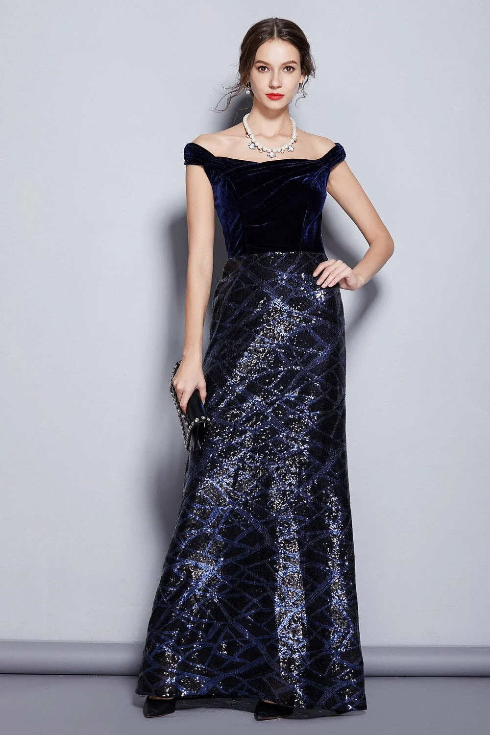Women's Runway Designer Dresses Slash Neckline Cap Sleeves Velour Bodice Patchwork Sequined Elegant Long Party Dresses
