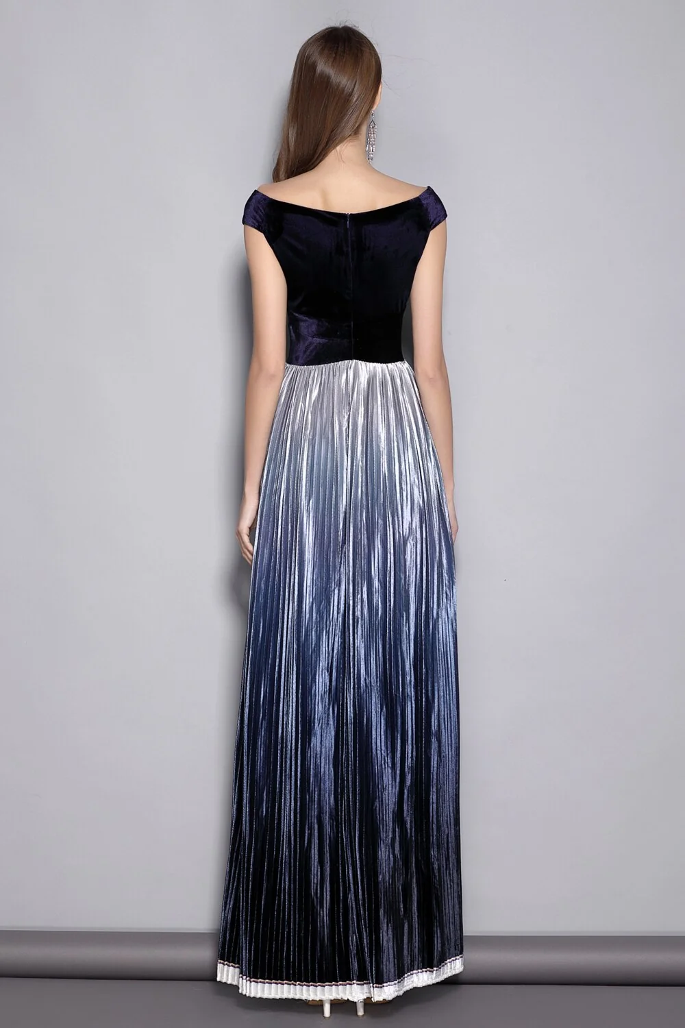 Women's Slash Neckline Short Sleeves Velour Pleated Party Prom Piping Elegant Long Runway Dresses - Image 6