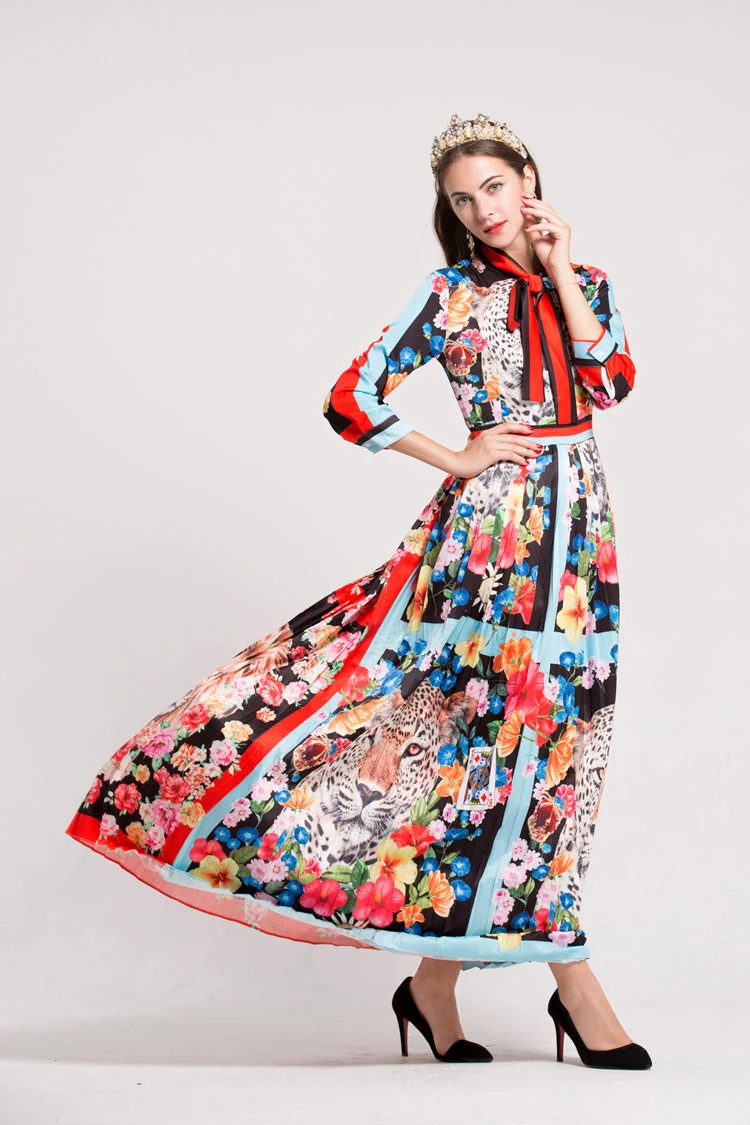 Women's O Neck Long Sleeves Bow Detailing Fixed Pattern Floral Printed Striped Pleated Elegant Maxi Runway Dresses - Image 5