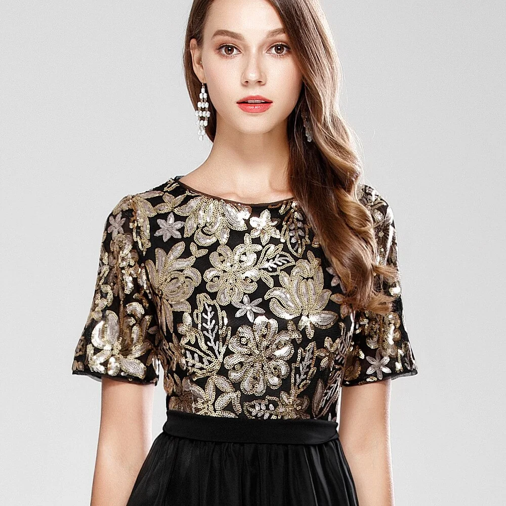 Women's O Neck Short Sleeves Sequined Patchwork Fashion Long Party Prom Elegant Maxi Dresses - Image 7