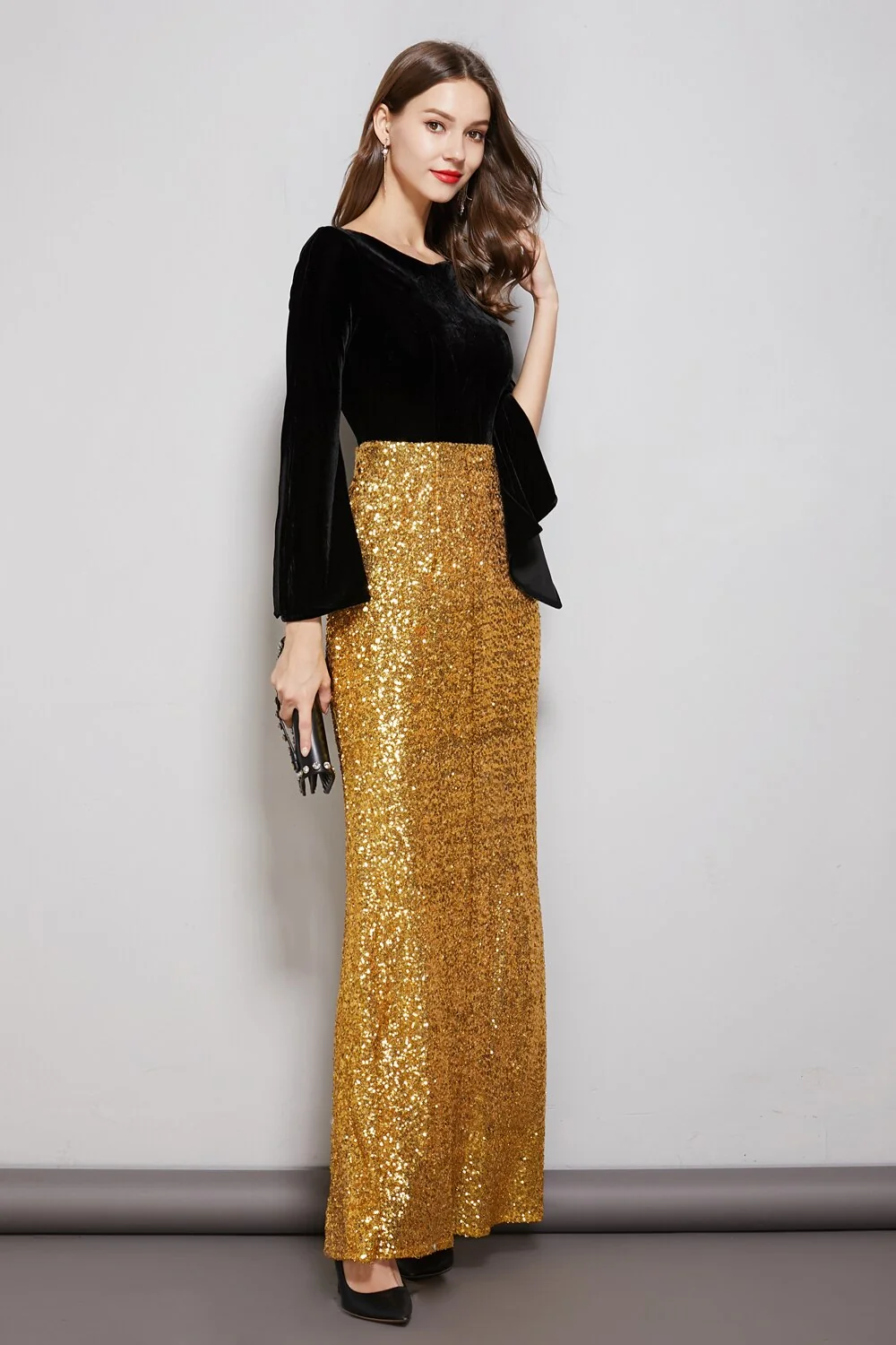 Women's Party Prom Slash Neckline Long Sleeves Velvet Bodice Patchwork Sequined Elegant Floor Length Dresses - Image 5