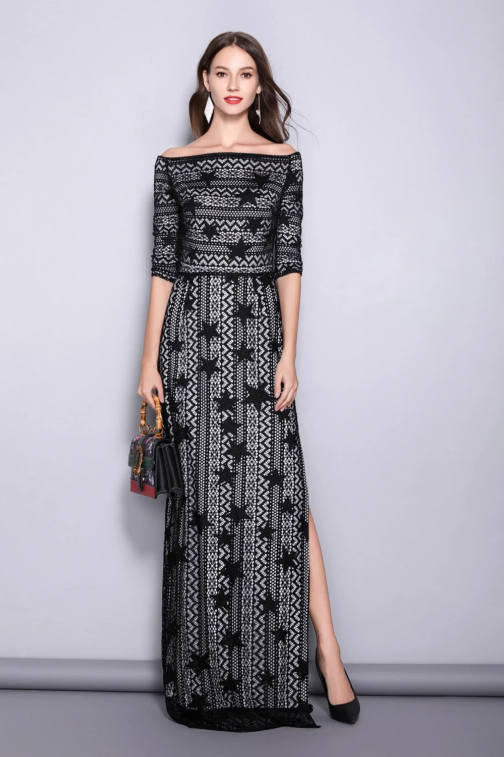 Women's Slash Neckline 3/4 Sleeves Off the Shoulder Embroidery Lace Split Elegant Party Dresses Fashion Long Runway Dresses